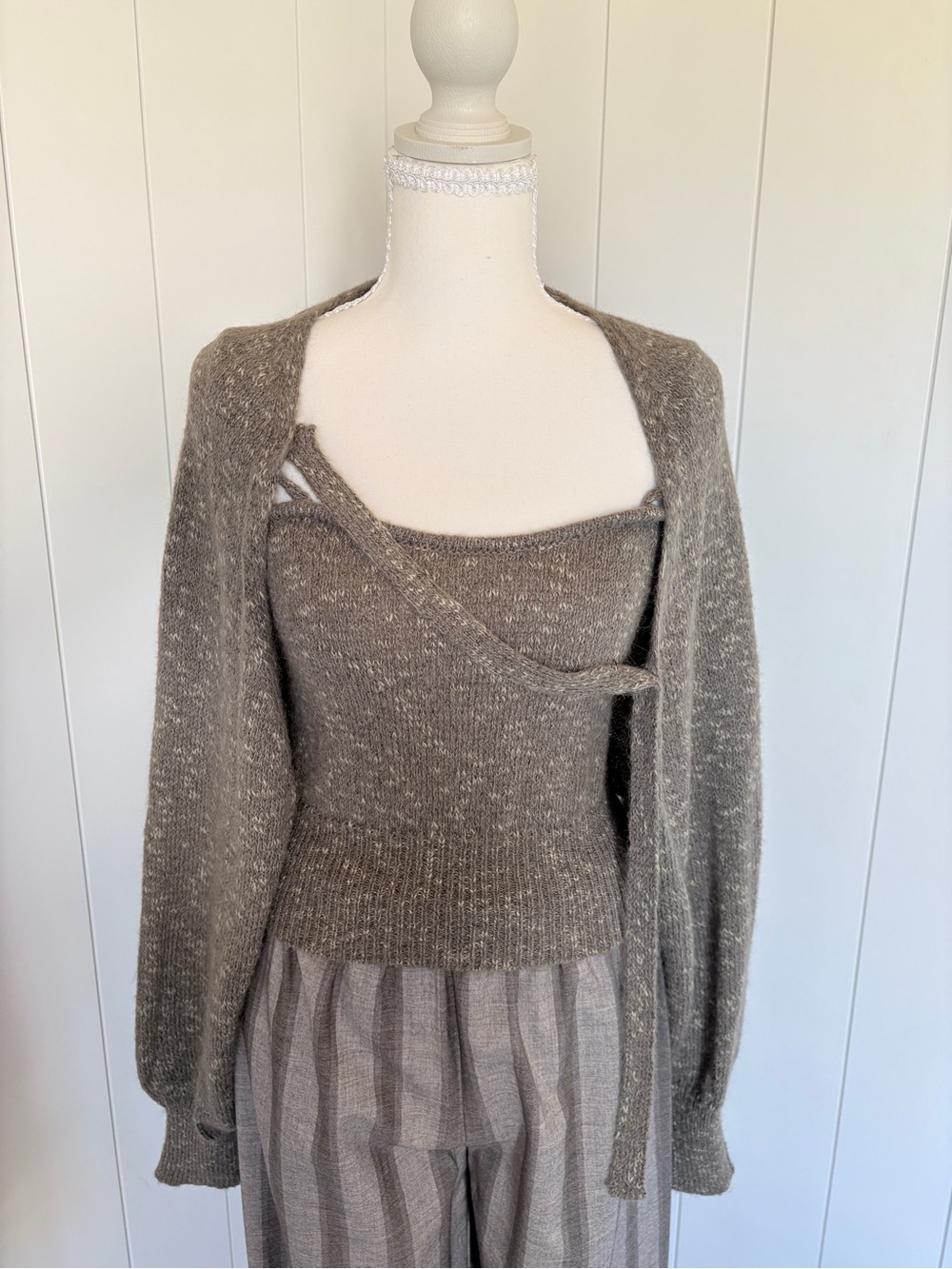 Cozy Taupe Knit Wrap Sweater Cardigan Set